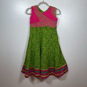 Women's Colorful Dress Size 32 embroidered Knee Length Floral Green Pink Eastern